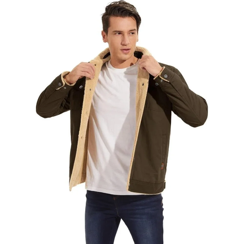 🆕Mens Brown AI Winter Sherpa Lined Jacket Warm Trucker Coat Multi Pocket